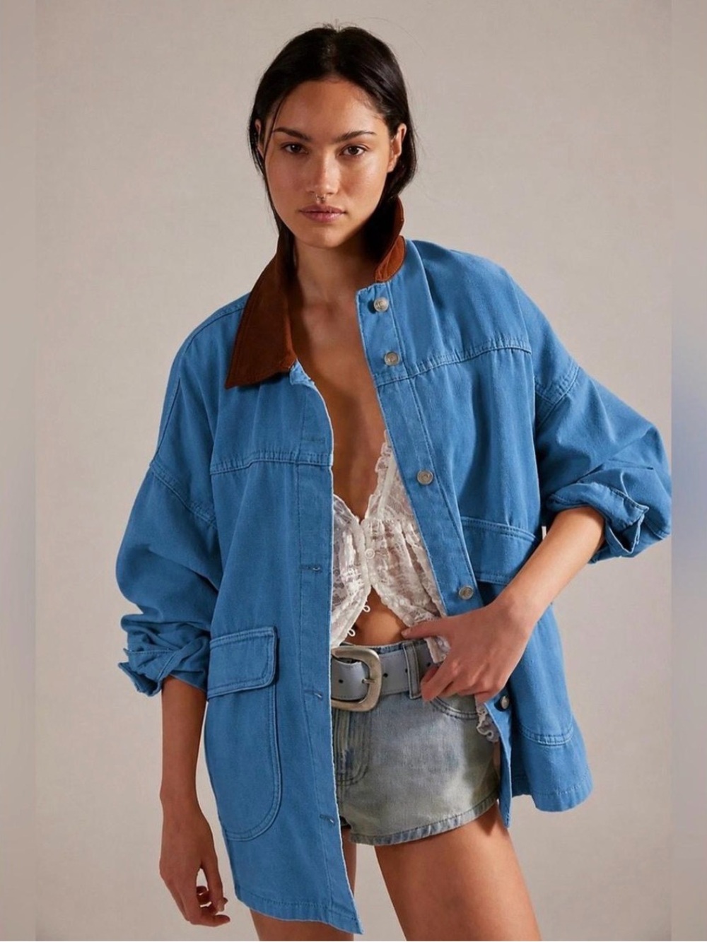 Free People Lemon Canvas Chore Jacket Ocean Blue Size M NWT